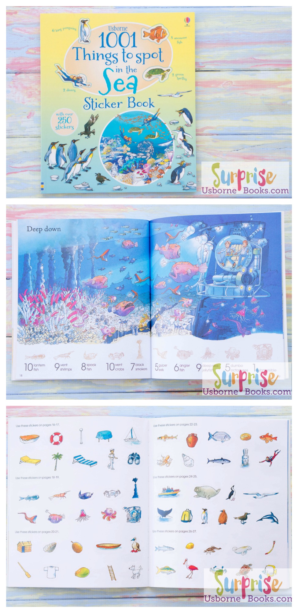 "Interactive sticker book full of busy, detailed illustrations. Items to spot within the main picture are shown in the border as silhouettes and each has a corresponding sticker which children can find, match and add in the correct place. With over a thousand things for children to find, count and talk about." - 1001 Things to Spot in the Sea Sticker Book - https://z4065.myubam.com/p/5015/1001-things-to-spot-in-the-sea-sticker-book
